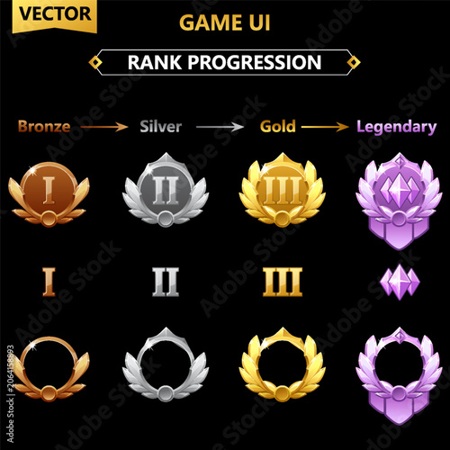 Game UI Rank Badges Set with Bronze Silver Gold and Legendary Medals Vector Elements