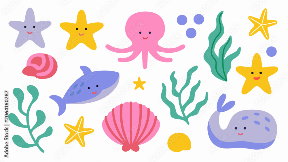 Obraz premium Sea life vector set, cute ocean animal illustration for kids nursery design and branding