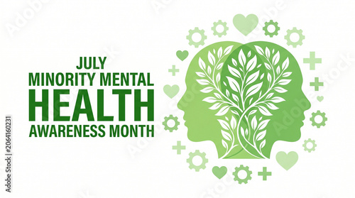 July minority mental health awareness month banner with green tree head