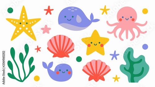 Photography Sea life icons set, cute flat ocean animals and shells for kids nursery branding