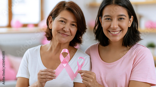Smiling women holding pink breast cancer awareness ribbon