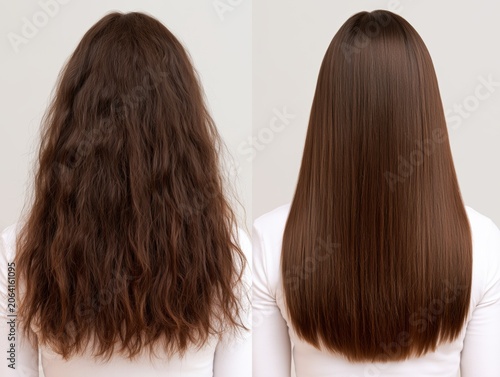 Before and after nanoplasty hair treatment comparison. Frizzy dry hair transformed to smooth straight shiny healthy hair on white background.