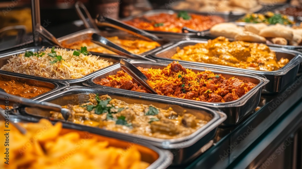 Obraz premium Colorful Buffet of Various Dishes with Rice, Naan, and Rich Curries in a Stainless Steel Display