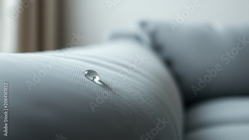 A single water droplet rests on a plush, light grey fabric surface of a modern sofa