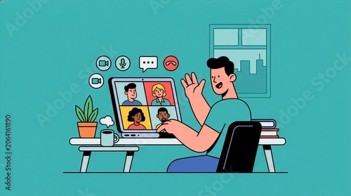Remote employee attending online video conference from home office