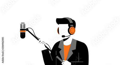 Professional Podcast Host Illustration - Man with Headset and Studio Microphone on White Background