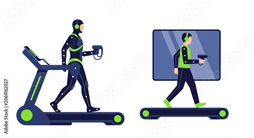 Motion Capture Technology for Game Development and Animation showing a Man in a Mocap Suit on a Treadmill and his Digital Avatar