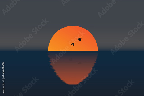 Minimalist sunset over calm ocean with flying birds and glowing reflection, serene nature landscape illustration ideal for travel, wellness, meditation, wall art, branding, and background design.