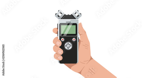 Hand Holding Professional Digital Audio Recorder Vector Illustration