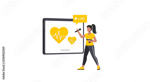 Online Health Coach Giving Live Digital Presentation on Heart Health and Cardiology, Fitness Webinar Vector Illustration