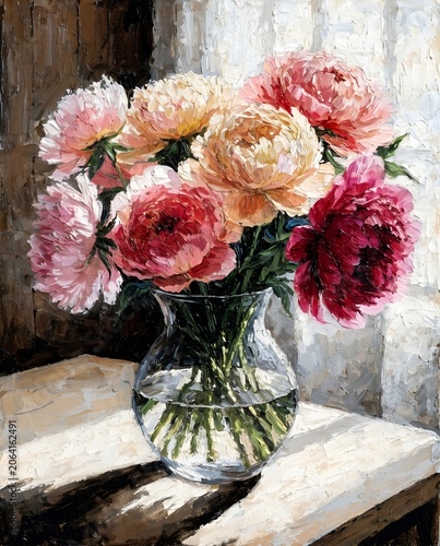 Bouquet of Peonies in Glass Vase by Window Still Life