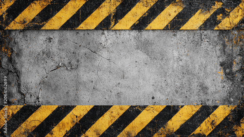 Fototapeta premium Grunge Concrete Wall Texture with Yellow Black Hazard Stripes. - Border and Copy Space.