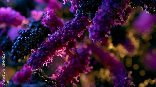 Vibrant abstract microscopic image of purple and blue organic cellular structures glowing