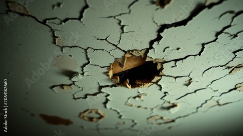 Severely Damaged Ceiling Showing Extensive Cracking and a Hole