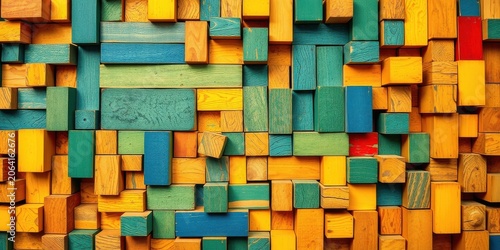 Abstract Colorful Wooden Block Wall Texture  A vibrant composition of various sized and colored wooden blocks