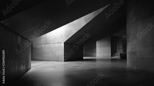 Futuristic Minimal Concrete Architecture Interior With Geometric Light and Shadows