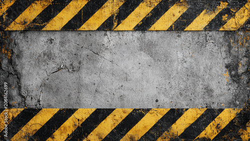 Grunge Concrete Wall Texture with Yellow Black Hazard Stripes. - Border and Copy Space.