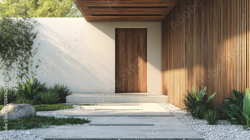 Modern Minimal House Entrance with Warm Wooden Slat Wall and Contemporary Landscape Design