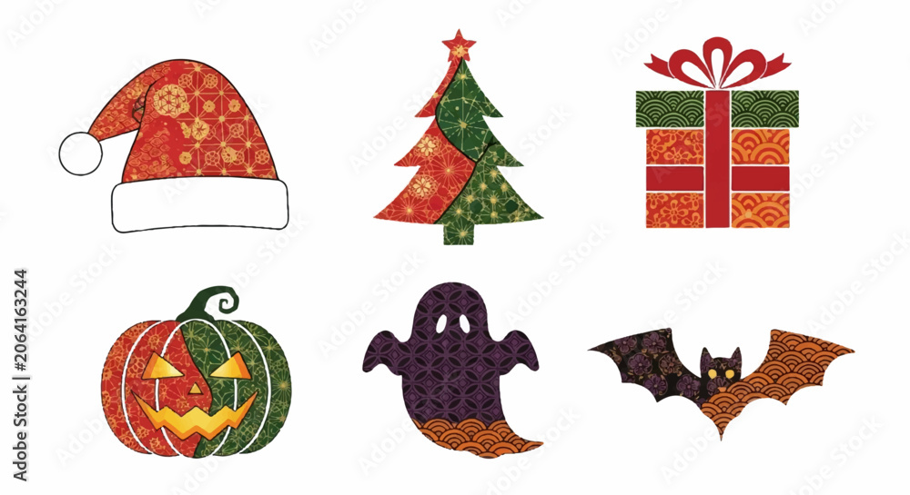 Fototapeta premium Vibrant Halloween and Christmas Pattern Icons Set