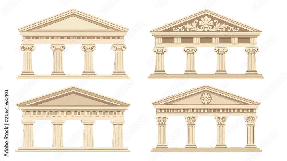 Fototapeta premium Set of classical temple facades with columns and pediments