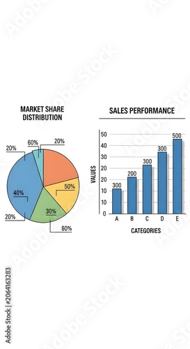 Business data analysis with pie chart and bar graph