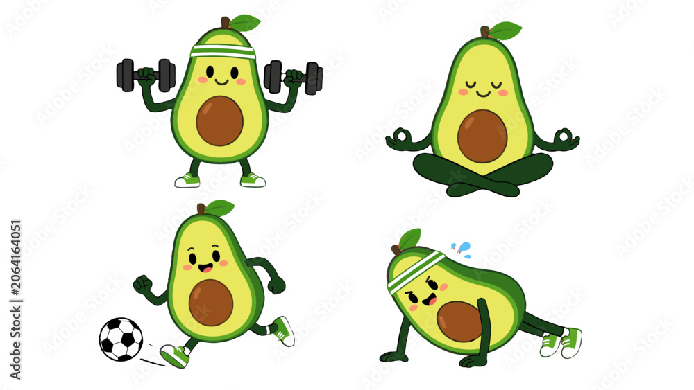 Fototapeta premium Cute avocado cartoon characters doing fitness and sports activities