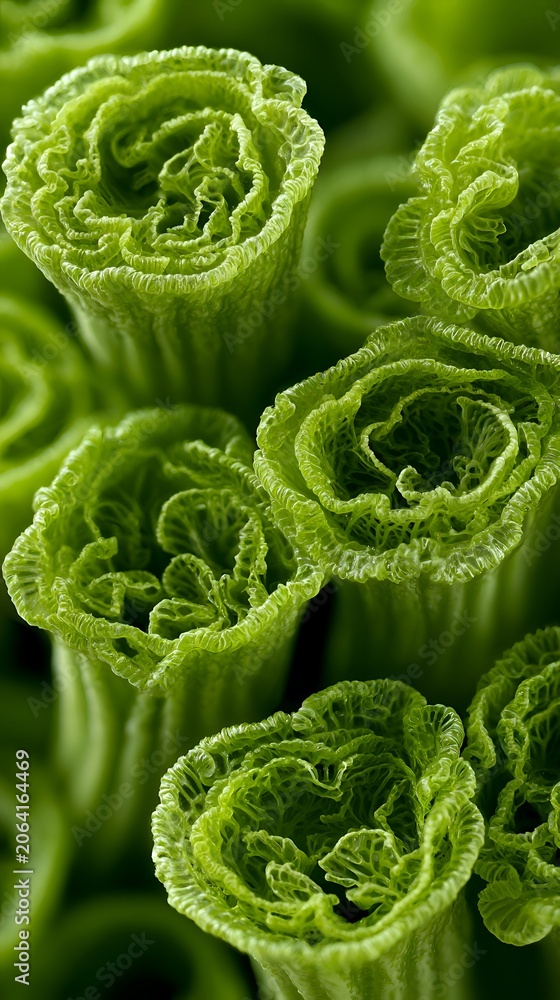Obraz premium Macro close-up of vibrant green curly plant texture showing intricate frilly leaves