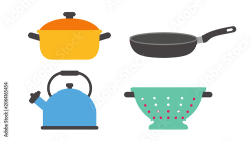 Set of kitchen cookware utensils in flat vector style