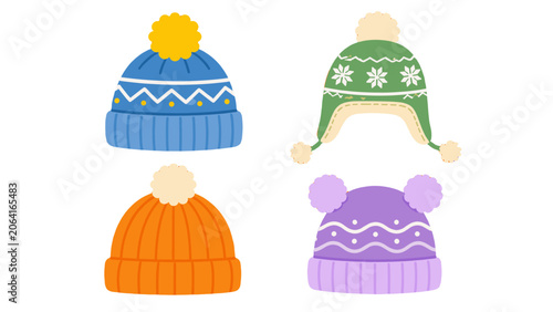 Set of colorful knitted winter hats isolated on white