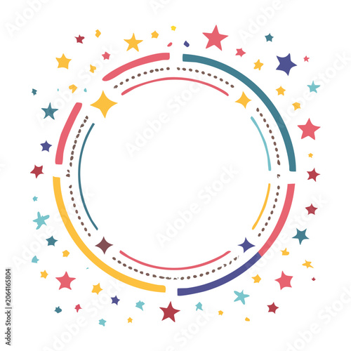 Colorful circular frame with stars and confetti