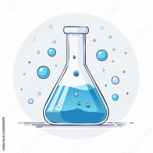Laboratory Flask with Blue Liquid and Bubbles