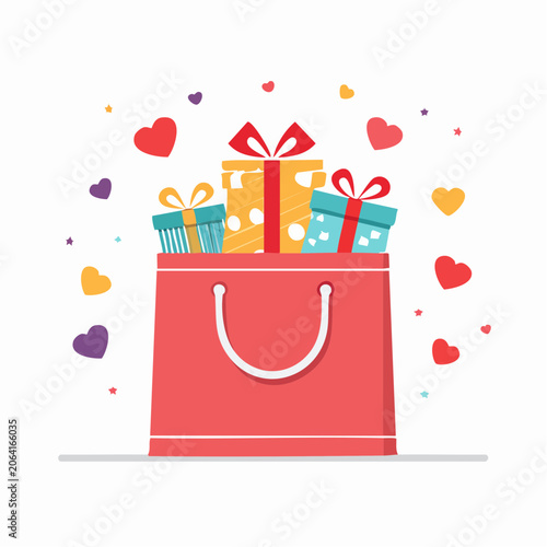 Red gift bag filled with colorful presents and hearts