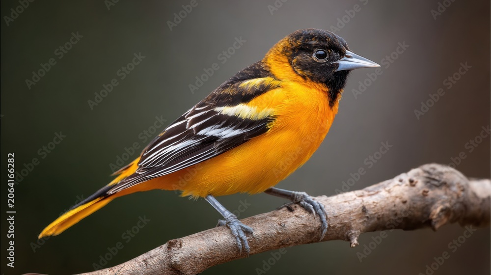 Fototapeta premium Vibrant Baltimore Oriole Perched on Branch in Natural Habitat