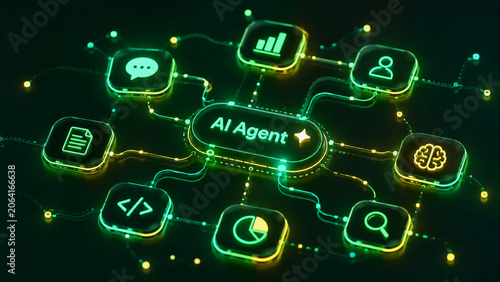 Futuristic AI Agent Network Interface with Intelligent Automation Digital Communication and Smart Business Technology Ecosystem