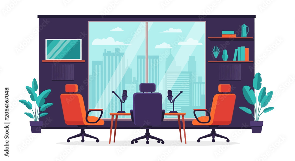 Fototapeta premium Modern Podcast Studio Interior Vector Illustration with Microphones and Professional City View