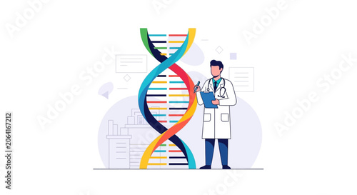 Illustration of a scientist studying a DNA double helix, representing genetics and scientific research
