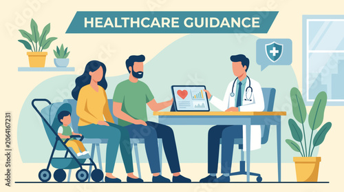 Family receives essential medical guidance from a professional doctor, discussing health and wellness during a personalized consultation session in a modern clinic setting