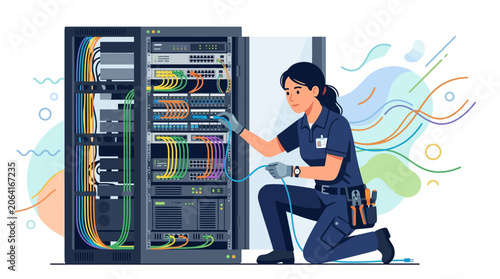 Skilled Female IT Professional Performing Crucial Network Cable Connections in a Modern Data Center, Ensuring Seamless Digital Communication and System Integrity