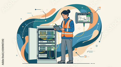 Network technician with testing equipment checking fiber optic cables inside a cabinet, illustrating telecommunications infrastructure and technical maintenance