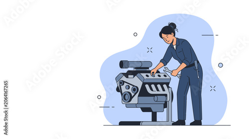 Skilled Female Mechanic Expertly Servicing a Complex Automotive Engine, Symbolizing Women's Empowerment in Technical Professions and Dedication to Precision Work
