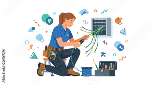 Skilled technician expertly connecting colorful wires to telecommunications equipment, illustrating expertise in network setup and maintenance