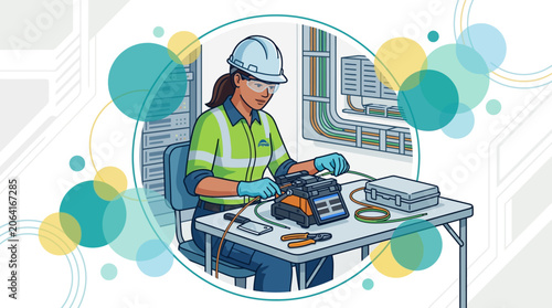 Expert female technician working on fiber optic cable splicing, illustrating precision network connectivity and high-speed data infrastructure installation