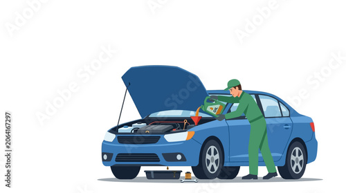Professional mechanic performing an oil change on a blue car, ensuring proper vehicle maintenance and engine care. Automotive service and repair concept