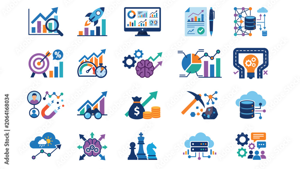 Fototapeta premium Business intelligence interface elements including data analytics dashboards strategic forecasting cloud infrastructure and financial performance metrics