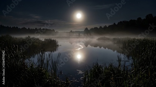 Bright Full Moon Night Sky Glowing Over Misty Swamp Lake Quiet Water Reflection Landscape Wilderness Nature Dark Forest Woods Foggy Midnight Scenery Reeds Silhouette Mystical Eerie Background

