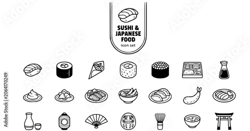 Sushi Japanese Food Outline Icon Set Nigiri Maki Temaki Ramen Bento Gyoza Edamame Matcha Sake Sashimi Tempura 25 Icons Editable Strokes