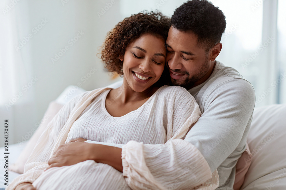 Obraz premium Happy pregnant couple relaxing together on a bed at home