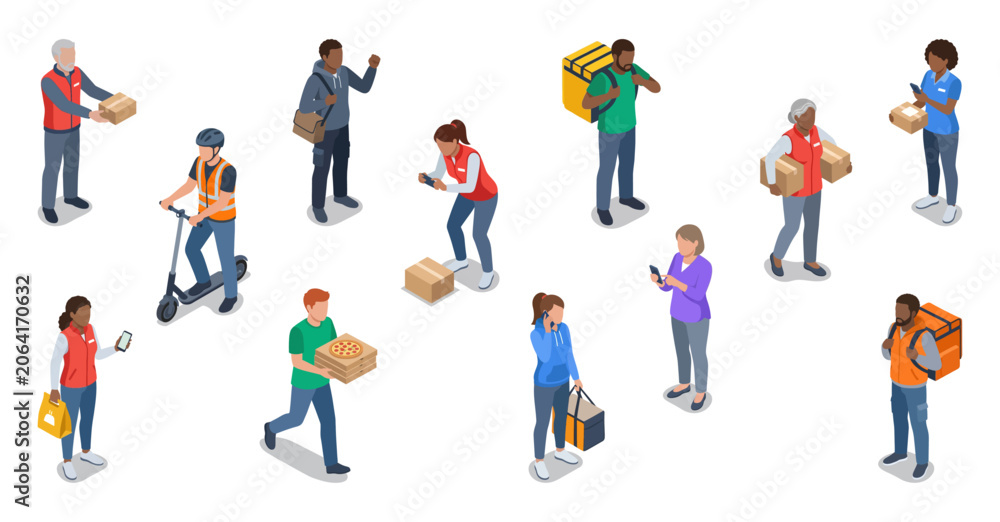 Fototapeta premium Delivery workers and couriers delivering packages and food orders to customers | Isometric vector illustration character set