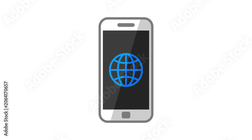 Smartphone with a blue globe icon on a black screen, representing internet access and global connectivity.