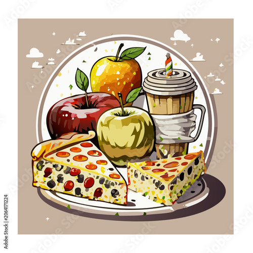 Flat Design Illustration of Apple Pie and Coffee
